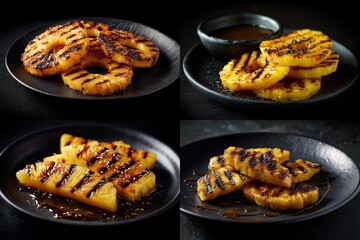 Grilled pineapple slices arranged on dark plates, showcasing the fruit's caramelized texture