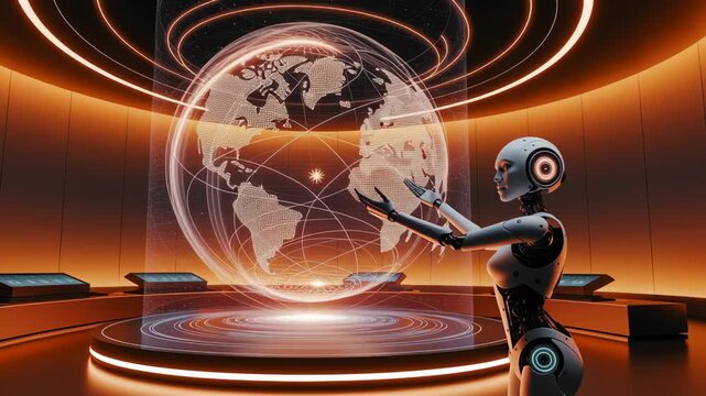 Futuristic Control Room Humanoid Robot Engages with Digital Globe, Highlighting Advanced Technology and Innovation