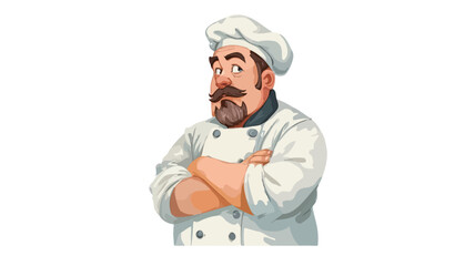 Obraz premium A digital illustration of a cartoon chef. The chef is a middle-aged man with a mustache and beard, wearing a white chef's uniform and toque. His arms are crossed, and he has a confident expression