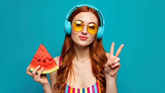 Cheerful redhead woman in headphones and sunglasses holding slice of watermelon and showing peace sign. Summer fun, youth culture, and positive vibes concept. For party, festival, or music banner.