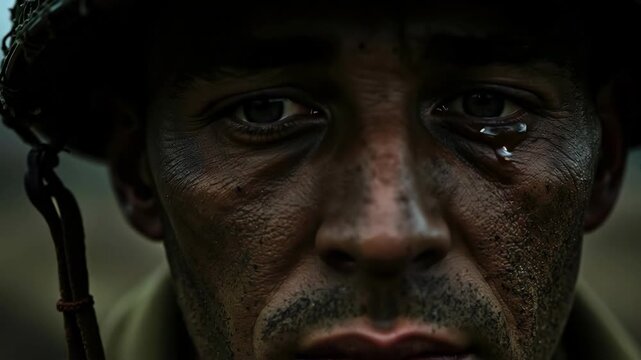 Close up portrait of soldier's tired and dirty face in helmet. Concept of war, military service, sacrifice, and post traumatic stress disorder. For documentary, historical, or mental health banner. - Powered by Adobe