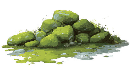 Digital painting or illustration depicting a pile of rocks heavily covered in bright green moss.  The rocks are various shapes and sizes, clustered together.  The moss is highly detailed with