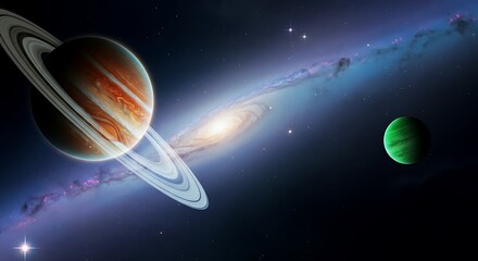 Spectacular depiction of ringed planets and a distant galaxy creating a surreal cosmic landscape illustration