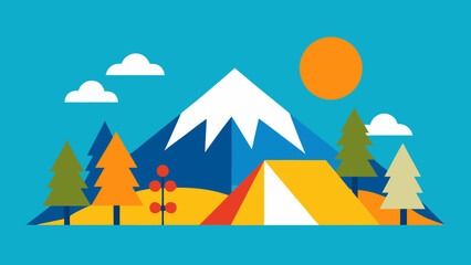 Vibrant Colorful Camping Scene Tent Pine Trees Snowcapped Mountains