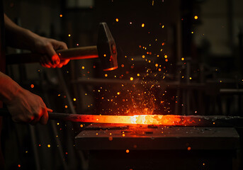 A blacksmith hammers a glowing piece of molten metal on an anvil, sending bright sparks flying in a dark forge.