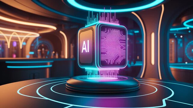 Futuristic Digital Interface and AI Cube with Glowing Circuit Board in Neon Lit Room Showcasing Advanced Technology and Innovation