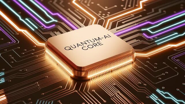 Futuristic Quantum AI Core Chip with Glowing Circuit Lines Showcasing Advanced Technology and Innovation