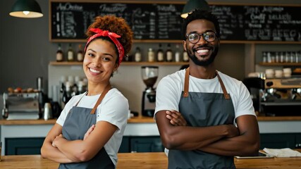 Confident coffee shop owners, smiling woman and man with crossed arms, standing in their cafe. Small business, entrepreneurship, and teamwork concept. For local business or partnership banner - Powered by Adobe