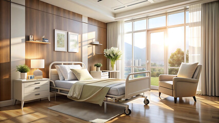 Comfortable and modern hospital room with large window and natural light creating a healing environment