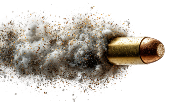 Bullet fired with smoke and dust action scene studio setting. Isolated on transparent background, png.