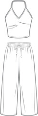 Women's halter neck crop top and wide-leg culottes set flat sketch, casual summer outfit, customizable template, fashion design, loungewear, comfortable apparel, beachwear.
