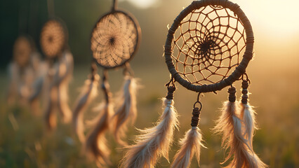 Obraz premium Dreamcatchers spinning in the wind. Ultra-realistic dreamcatcher designs. Handmade dreamcatchers for home decor. Unique dreamcatchers for protection and style.