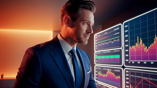Businessman in Suit Analyzing Digital Financial Charts on Screen, Interacting with Data in Modern Office Setting