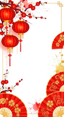 Naklejka premium Chinese New Year Frame: Festive Cards, Decor, or Cultural Ads with Lanterns and Fans