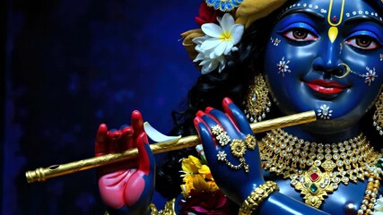 Close up of decorated statue of Hindu deity Lord Krishna playing golden flute. Concept for Hindu festivals like Janmashtami, religious art, and spirituality. For cultural events banner. Horizontal