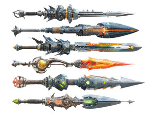 Fototapeta premium Futuristic weapon designs fantasy realm concept art digital close-up. Isolated on transparent background, png.