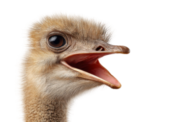 Ostrich hatchling curiously exploring its environment in nature. Isolated on transparent background, png.