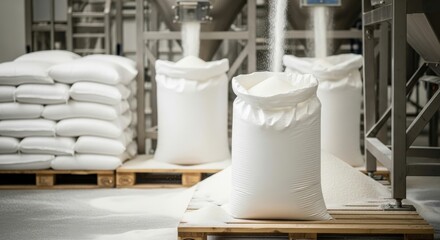 White plastic pellets dosing in an open bag with a dosing system, background: warehouse with raw material pallets