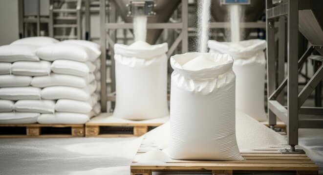 White plastic pellets dosing in an open bag with a dosing system, background: warehouse with raw material pallets