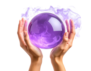  Purple Crystal Ball in Witch’s Hands with Smoke Effect, Side View, Isolated PNG