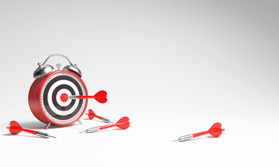 The red dart arrow is aimed at the alarm clock, Business target or goal. Success and winner concept, 3d rendering.