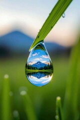 Mountain landscape reflected in a drop of dew on a blade of grass. Perfect for eco posters, nature projects, sustainability advertising and inspirational graphics.