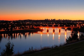 Obraz premium City skyline reflected on still water at dawn.