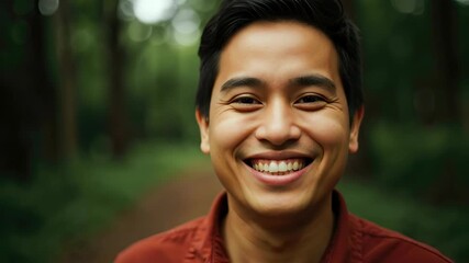 Friendly looking Asian man smiling warmly at camera in forest setting. Concept of happiness, nature, and approachability. For community, travel, or lifestyle themed banner. Horizontal banner