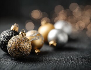 Elegant gold and black Christmas ornaments on dark surface