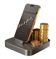 Forex investment chart, gold stock trading and financial investment online via smartphone 3d illustration.