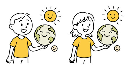 Boy And Girl Holding Smiling Globe with Sun and Moon. Sustainability Themes, Educational And Environmental Illustration, Earth Day, Nature, and Learning Concept Vector Illustration