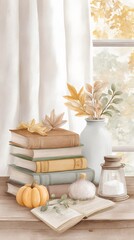Cozy Autumn Still Life with Books, Pumpkin, Lantern, and Seasonal Foliage – Serene Scene for Slow Living and Mindful Moments