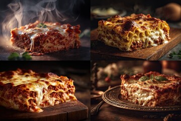 A quartet of succulent, freshly baked lasagna, each with enticing textures and layers