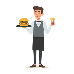 The waiter serves a delicious burger and fries clipart, illustration