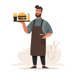 The waiter serves a delicious burger and fries clipart, illustration