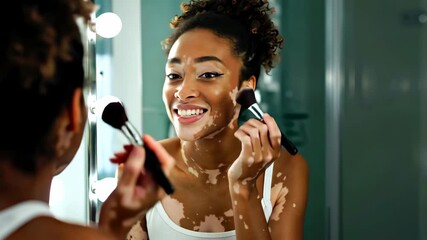 Beautiful smiling young woman with vitiligo applying makeup with brush while looking in mirror. Concept of self acceptance, unique beauty, and body positivity. For inclusive cosmetics banner.
