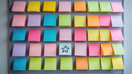 A colorful arrangement of sticky notes in various pastel shades on a gray background, with a star drawing in the center