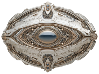 Futuristic metallic eye design art studio 3d rendering modern close-up. Isolated on transparent background, png.