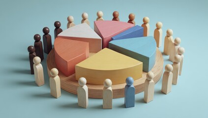 A pastel-colored pie chart is surrounded by small wooden figurines of diverse skin tones, illustrating a concept of demographic representation or community segmentation