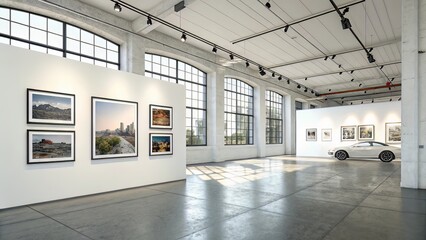 Obraz premium Spacious Gallery-Style Mockup with Blank Wall and Industrial Flooring