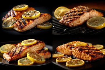 Four images showcase grilled, seasoned salmon fillets adorned with lemon slices, a culinary delight