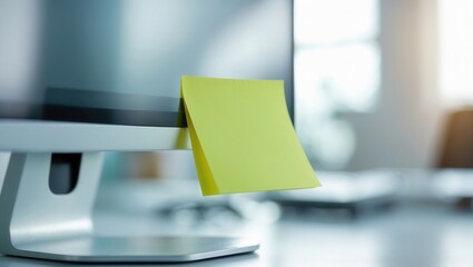 Close-up of a computer monitor with a bright yellow sticky note attached, in a blurred office environment