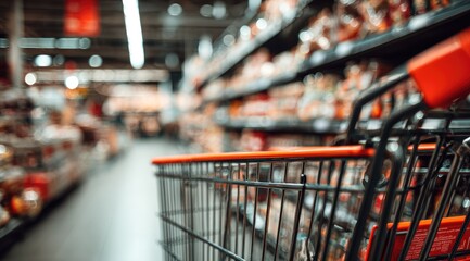 A slightly blurry image of a shopping cart in a supermarket aisle, with stocked shelves visible in the background. The focus is primarily on the cart