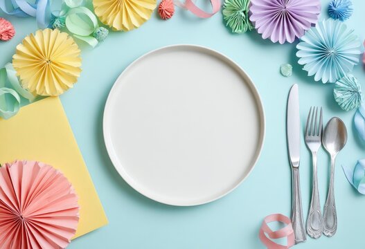 A white plate, silverware, and pastel paper decorations arranged on a light blue background for a celebratory meal