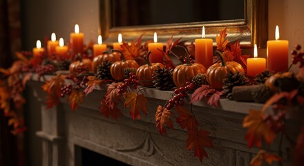 Autumn-themed mantel decorated with pumpkins and candles for fall  