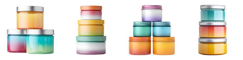 Cosmetic Jars Stacked: Colorful Cream Containers on White Background