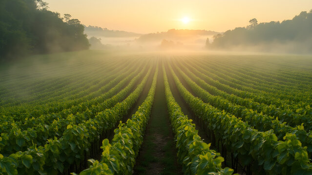 Lush vineyard rows in morning mist. Exploring vineyards in fog. Photography of vineyards at dawn. Scenic vineyard landscapes in misty mornings.
