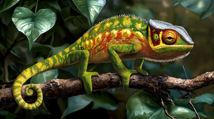 Green and Red Chameleon on Branch in Lush Foliage