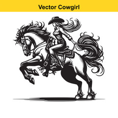 Obraz premium Cowgirl & Racing Horse – Vector Line Art.