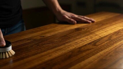 Hand using natural bristle brush to clean or polish dark wooden surface. Concept of cleaning, maintenance, and craftsmanship. For home care products or woodworking service banner. Horizontal banner
